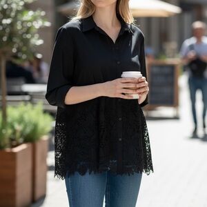 NWT Calligraphie Elegant Linen Blend Lace Hem Top M